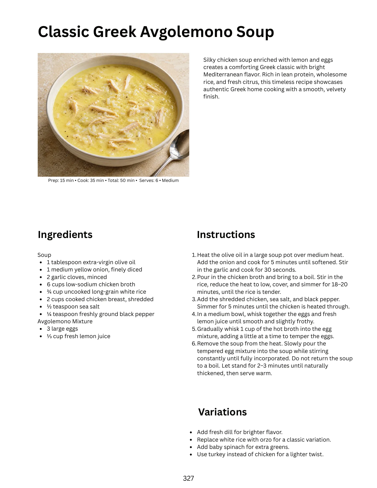 Recipe page for Classic Greek Avgolemono Soup: photo, prep and cook times, servings, difficulty, ingredients, numbered instructions and variations.