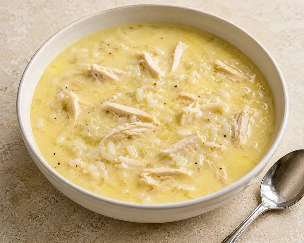 A white bowl of pale yellow Greek avgolemono soup, thick with rice and shredded chicken and flecked with black pepper, a spoon resting beside it on a stone worktop.