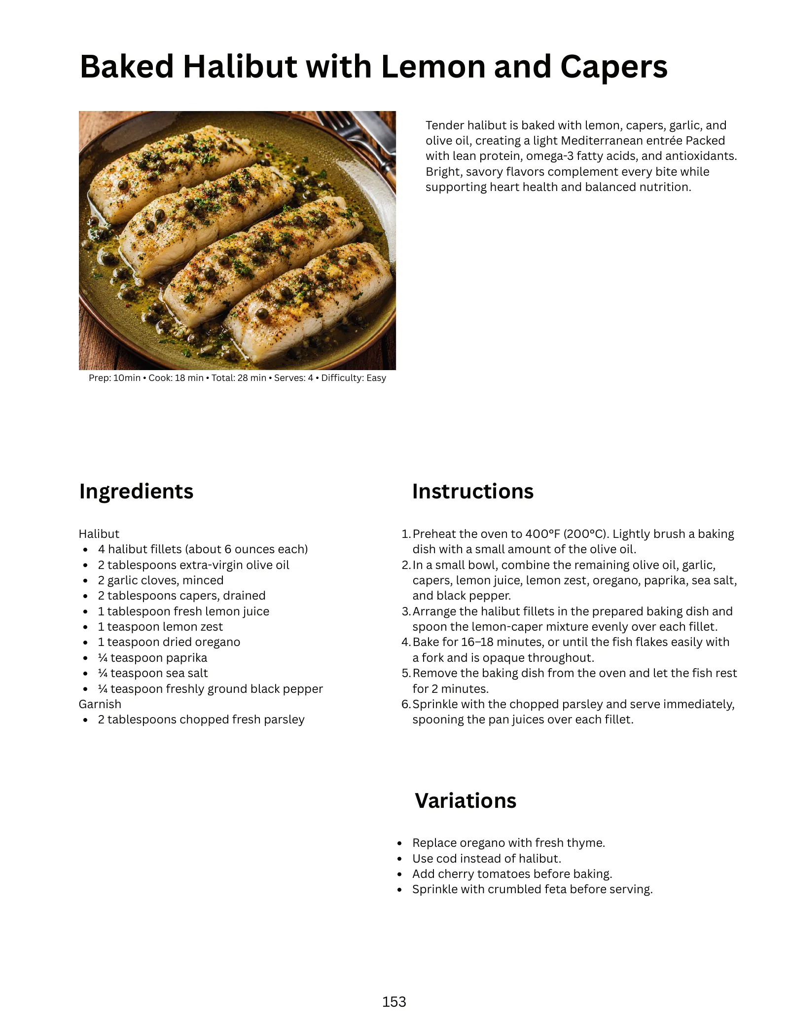 Recipe page for Baked Halibut with Lemon and Capers: photo, prep and cook times, servings, difficulty, ingredients, numbered instructions and variations.