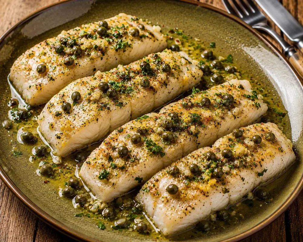Four thick white halibut fillets baked in olive oil on a green stoneware plate, scattered with capers, chopped parsley, garlic and lemon zest, on a dark wooden table.