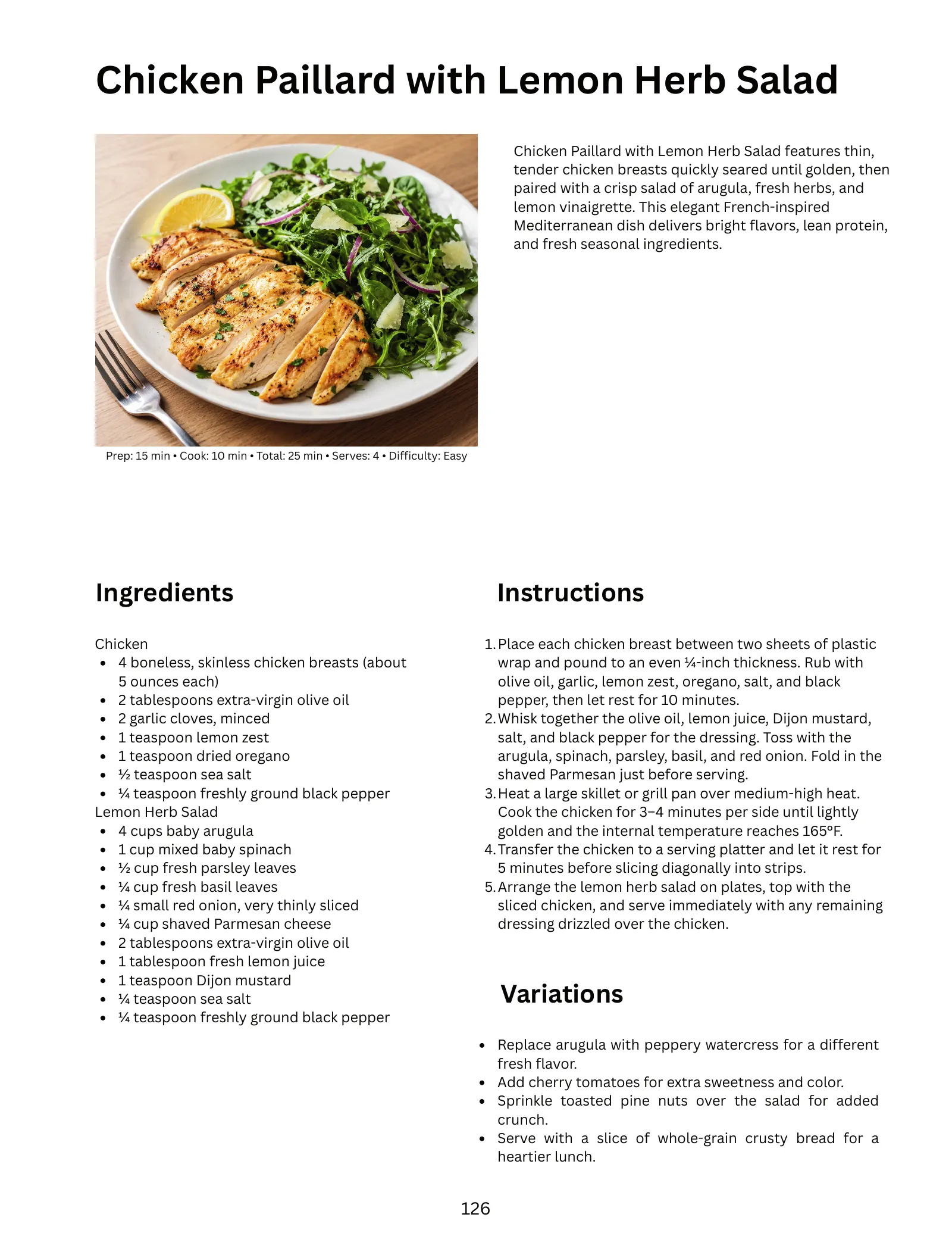 Recipe page for Chicken Paillard with Lemon Herb Salad: photo, prep and cook times, servings, difficulty, ingredients, numbered instructions and variations.