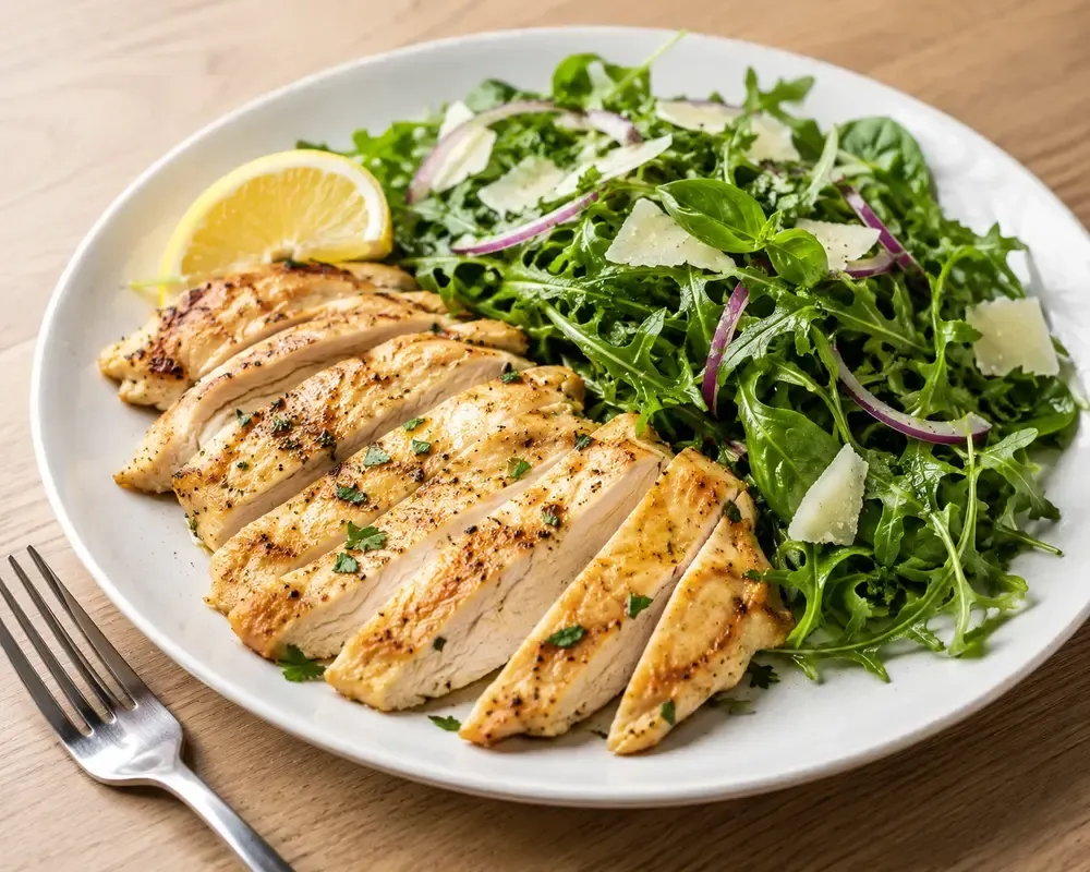 Thinly sliced golden pan-seared chicken breast fanned across a white plate beside a rocket salad with shaved parmesan, red onion and fresh basil, with a lemon wedge and a fork on a pale wooden table.