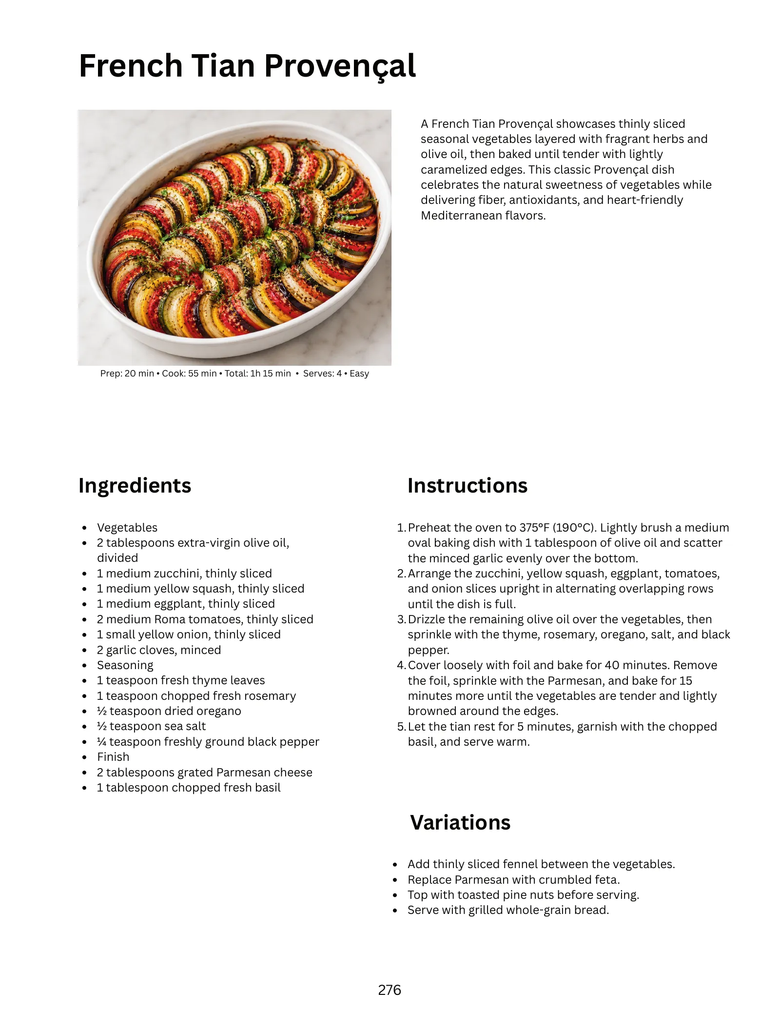 Recipe page for French Tian Provençal: photo, prep and cook times, servings, difficulty, ingredients, numbered instructions and variations.