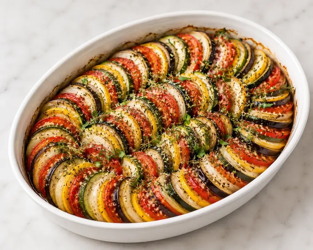 An oval white baking dish of French tian: overlapping slices of courgette, yellow squash, tomato, aubergine and onion arranged in a spiral, scattered with thyme and browned at the edges.