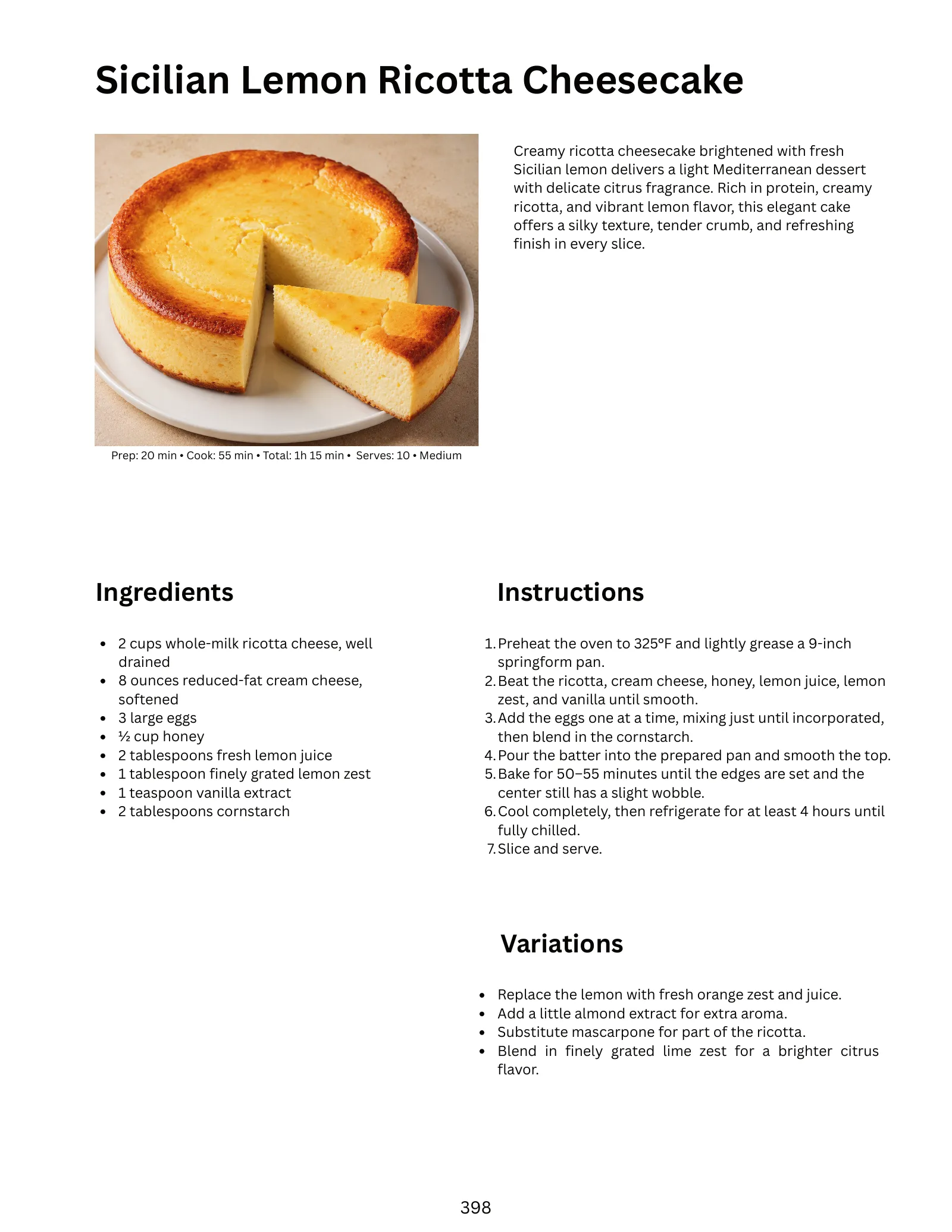 Recipe page for Sicilian Lemon Ricotta Cheesecake: photo, prep and cook times, servings, difficulty, ingredients, numbered instructions and variations.