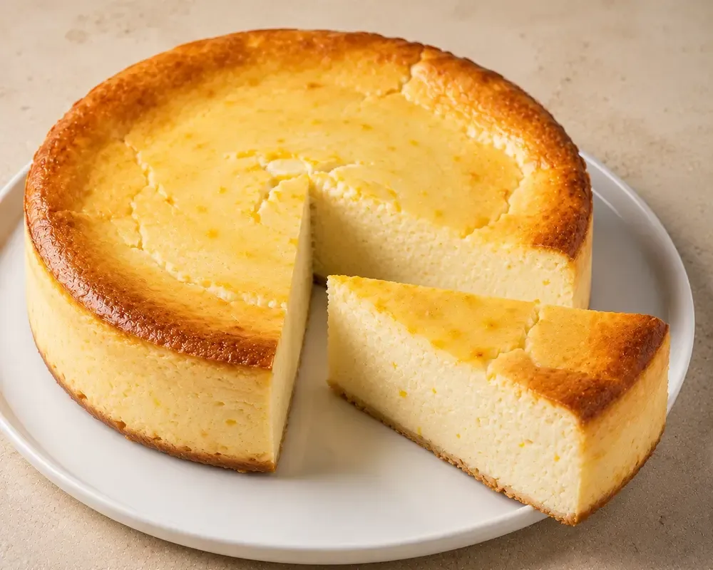 A round Sicilian lemon ricotta cheesecake with a deep golden top on a white plate, one wedge cut and drawn slightly away to show the pale, dense crumb inside.