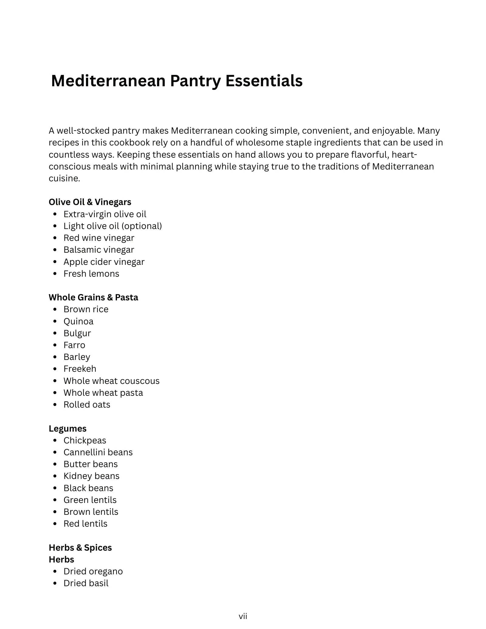 Mediterranean Pantry Essentials, page 1: why a stocked pantry matters, then lists of olive oils and vinegars, whole grains and pasta, legumes, and the start of herbs and spices.