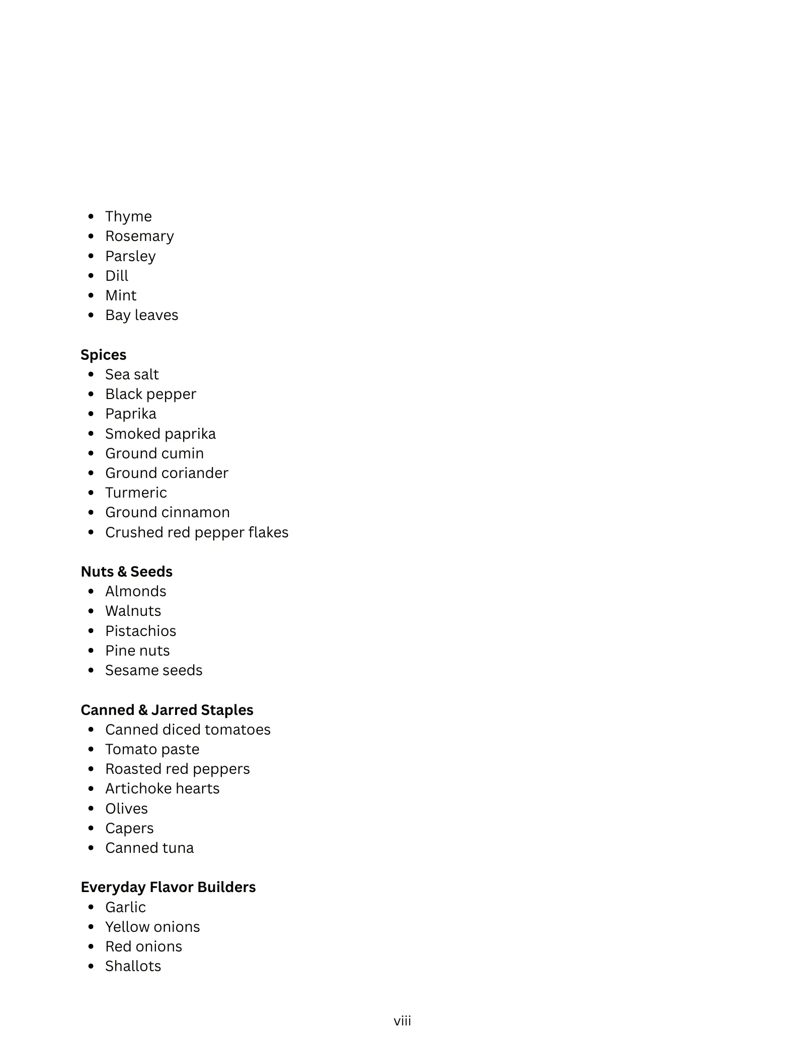 Mediterranean Pantry Essentials, page 2: the rest of the herbs and spices, nuts and seeds, canned and jarred staples, and everyday flavor builders.