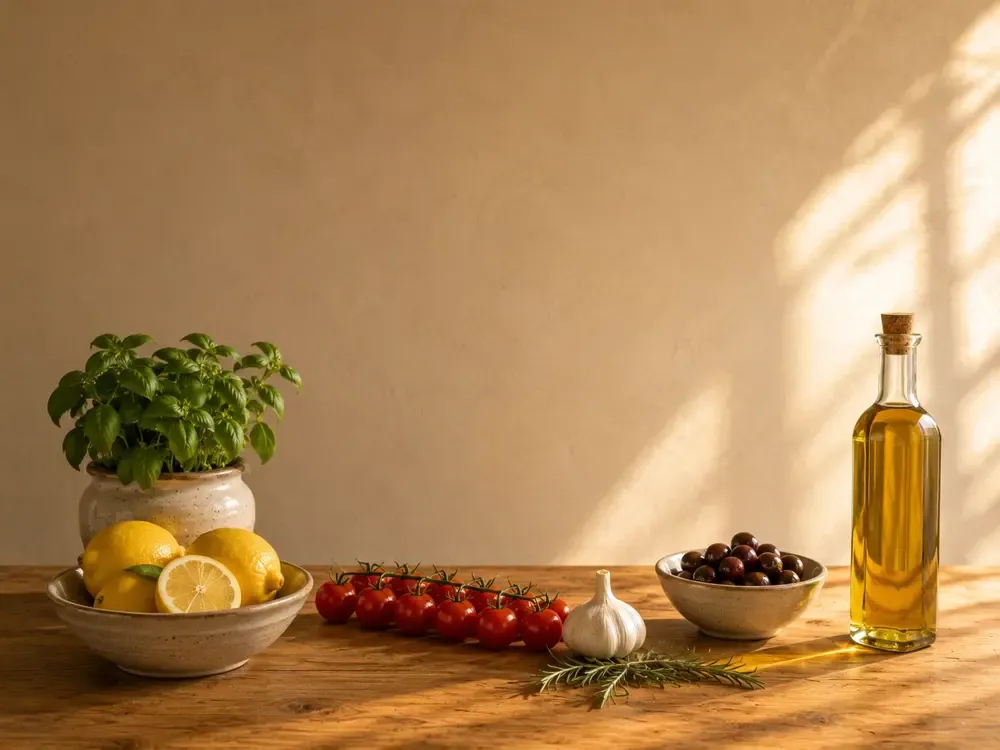 Mediterranean pantry staples on a sunlit wooden table: a potted basil plant, a bowl of lemons with one halved, cherry tomatoes on the vine, a bulb of garlic, a sprig of rosemary, a bowl of dark olives, and a bottle of olive oil catching the afternoon light.