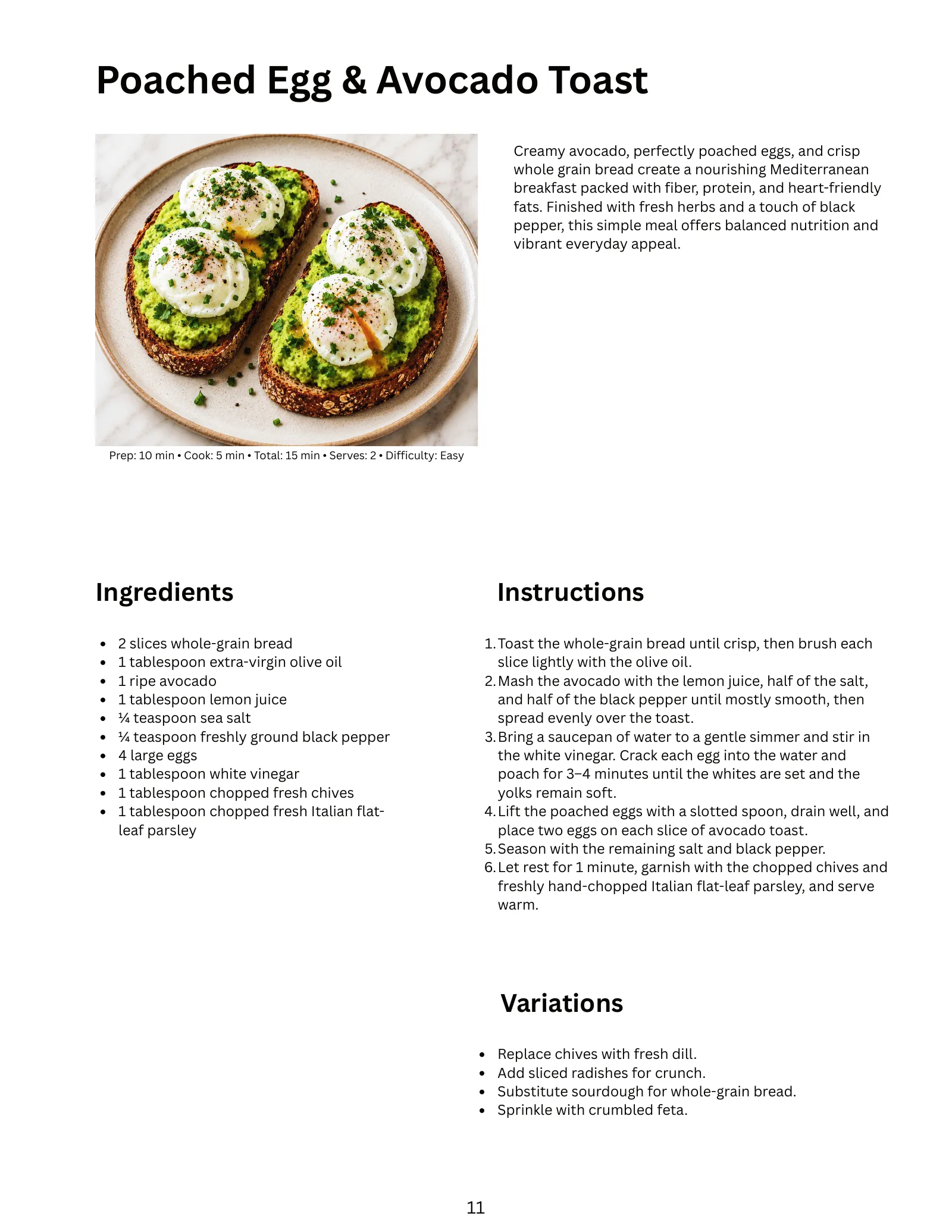 Recipe page for Poached Egg & Avocado Toast: photo, prep and cook times, servings, difficulty, ingredients, numbered instructions and variations.