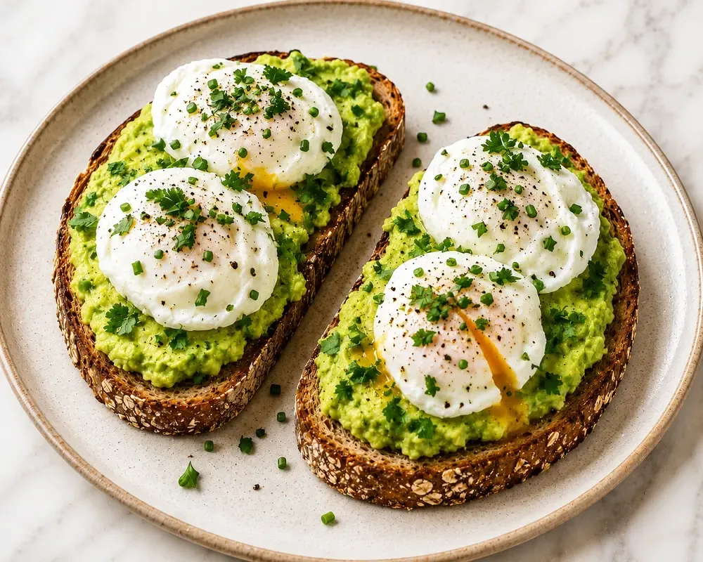 Two thick slices of seeded whole-grain toast spread with mashed avocado and topped with soft poached eggs, chopped chives, parsley and cracked black pepper, one yolk broken and running, on a speckled cream plate.